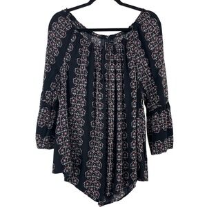 New Directions Size 1X Blouse Black Floral Medallion Bell Sleeve Boho Womens